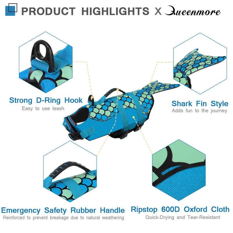 Queenmore Dog Life Jacket Ripstop Shark Dog Safety Vest Adjustable Preserver with High Buoyancy and Durable Rescue Handle for Small,Medium,Large Dogs, Pink Shark Large - Image 3